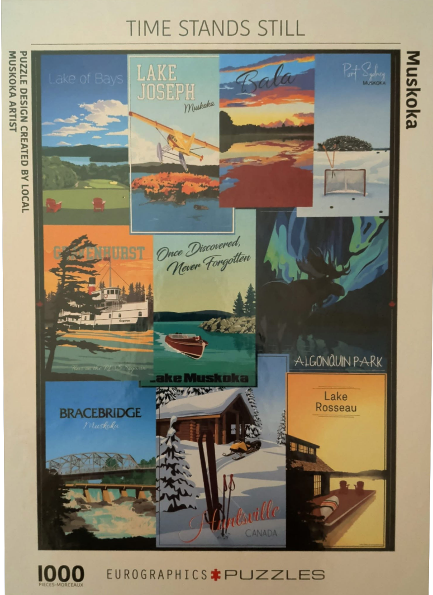 A collage of 11 vintage-style travel posters featuring different locations and scenes in the Muskoka region.