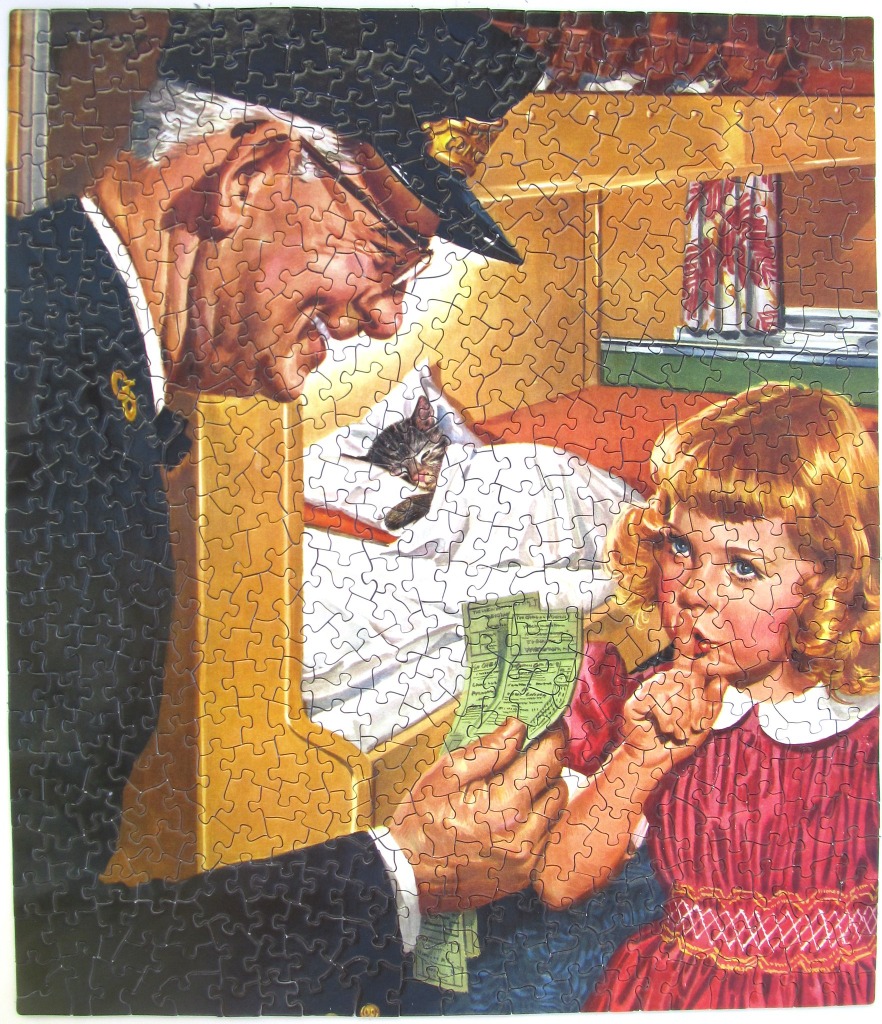 A train conductor shows a ticket to a young girl holding her finger to her lips in a cozy cabin.
