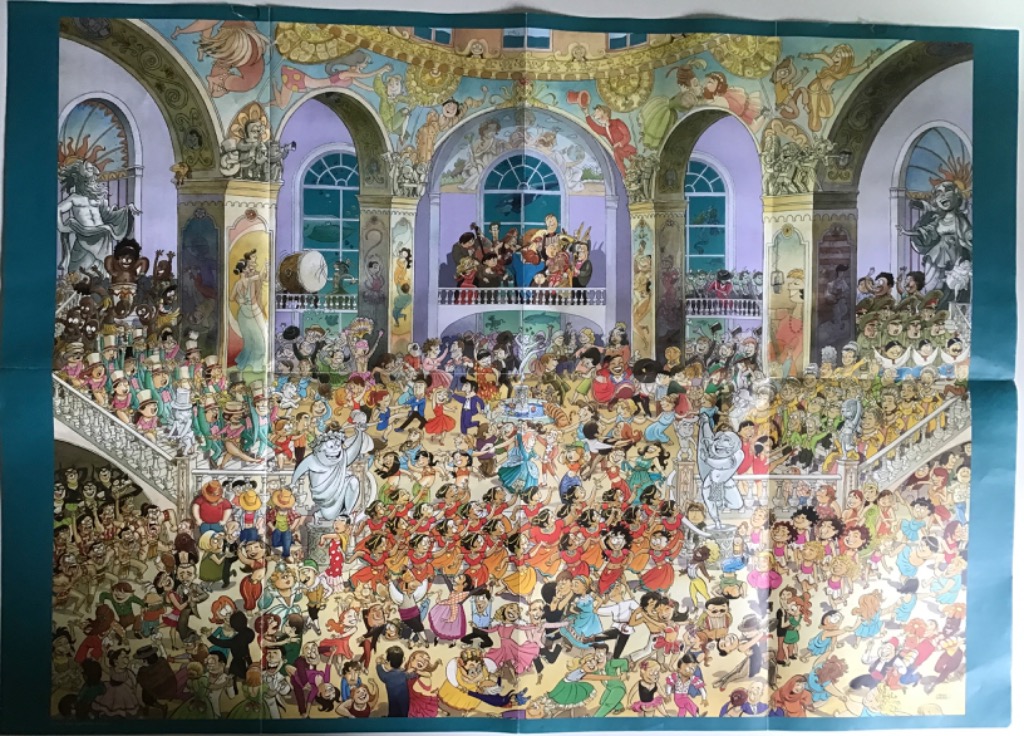A bustling, cartoon-style ballroom scene featuring a crowded dance floor and ornate architectural details.