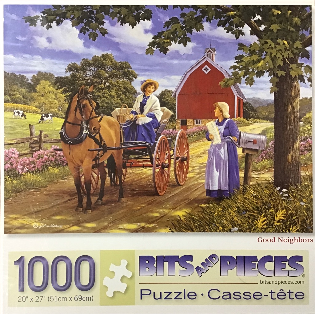An oil painting of a woman in a horse-drawn carriage greeting a neighbor by a red barn on a sunny day.