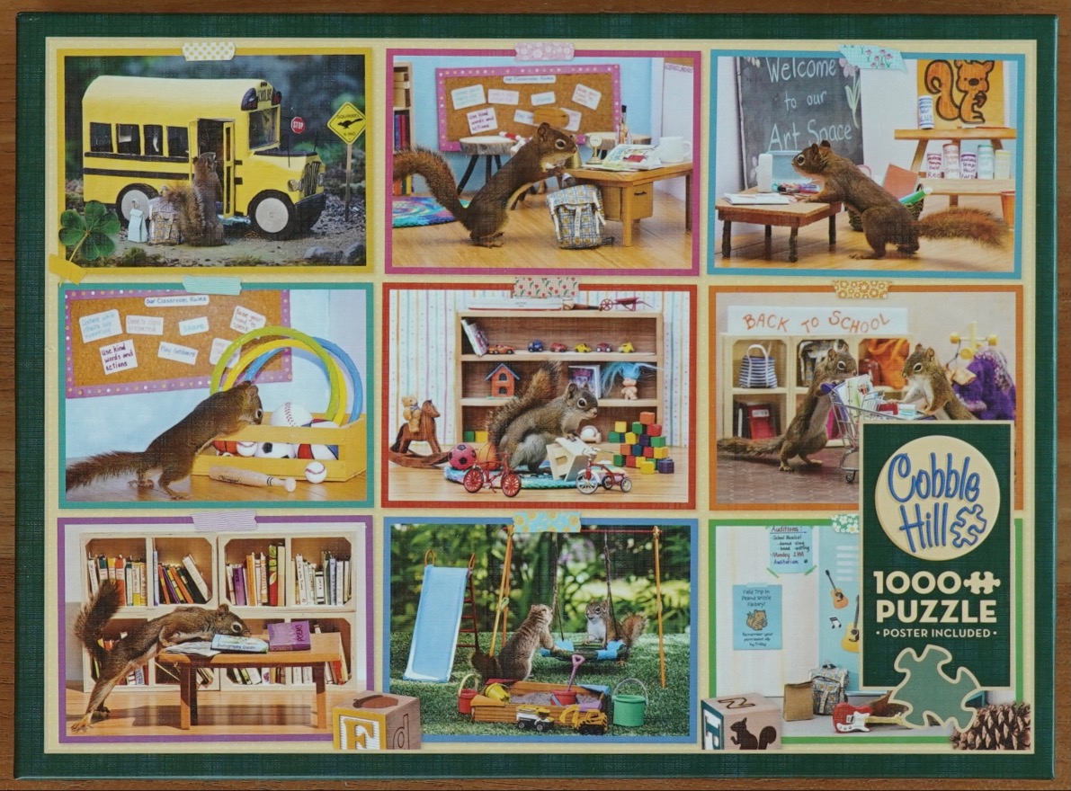 A collage of nine photographs featuring squirrels in miniature school-themed settings.