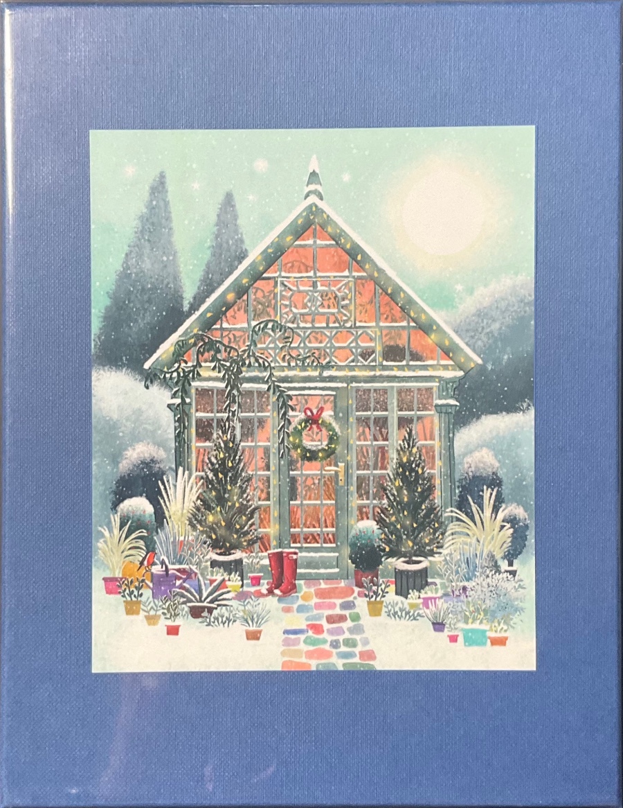 A cozy winter scene featuring a glowing greenhouse decorated for Christmas amidst snow-covered plants.