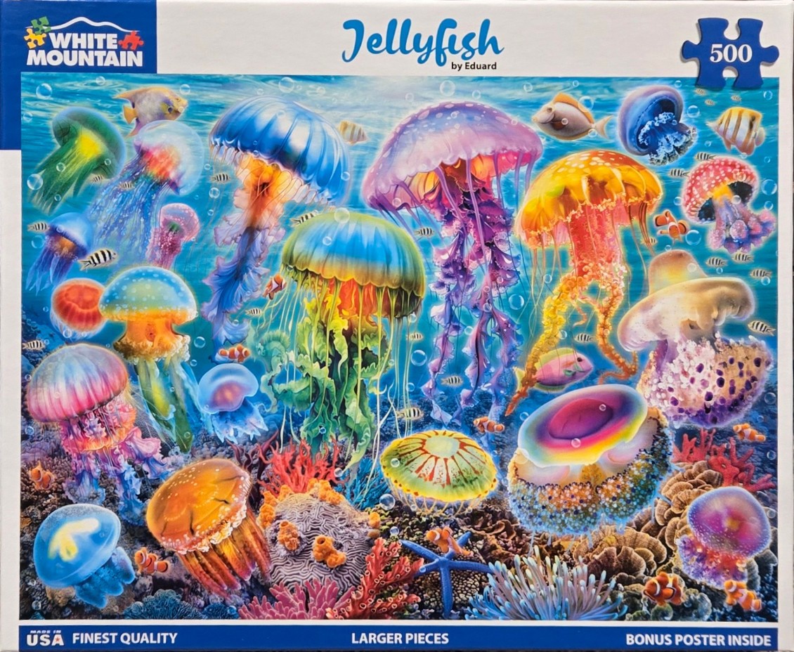 A vibrant underwater scene teeming with diverse, bioluminescent jellyfish and colorful coral reef life.