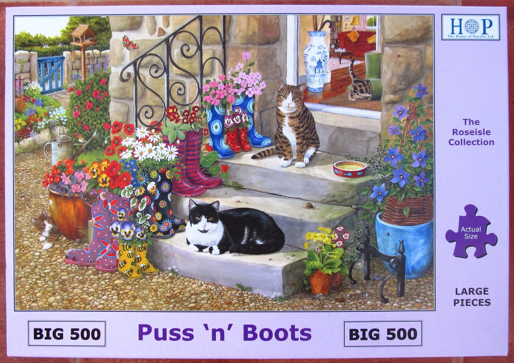 Two cats lounging on stone cottage steps surrounded by colourful patterned rubber boots filled with spring flowers.
