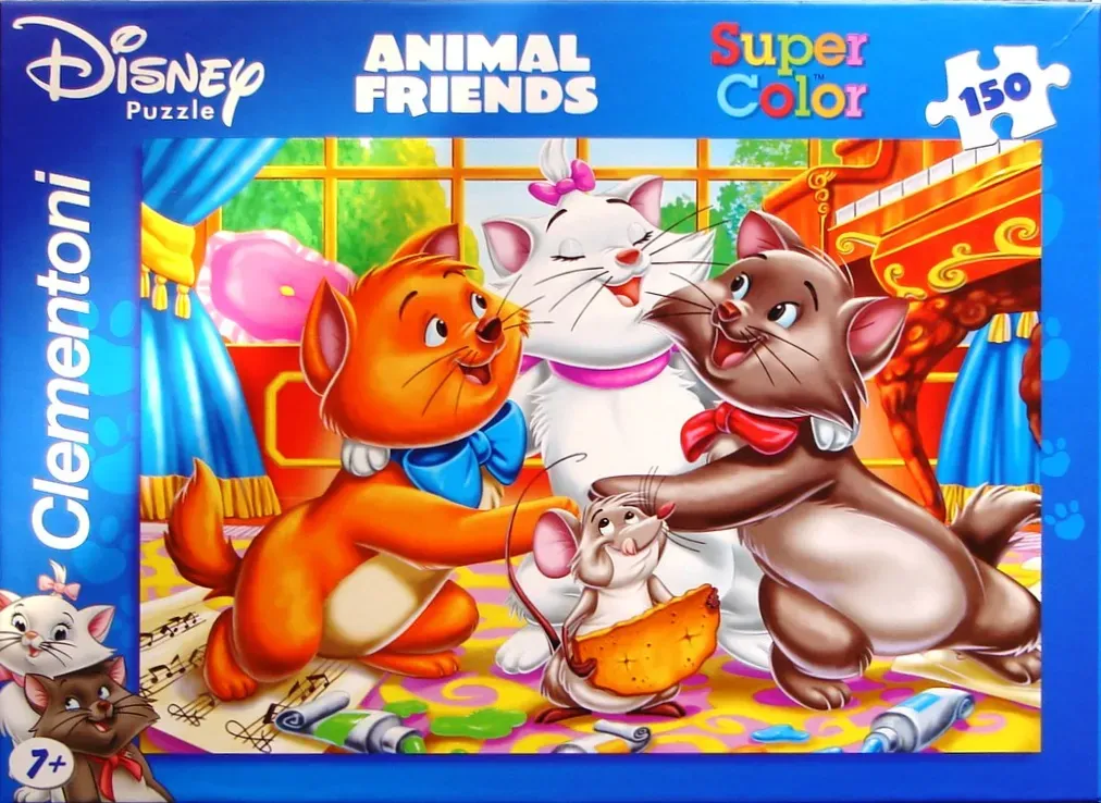Illustration of three kittens and a mouse playing in a music room.