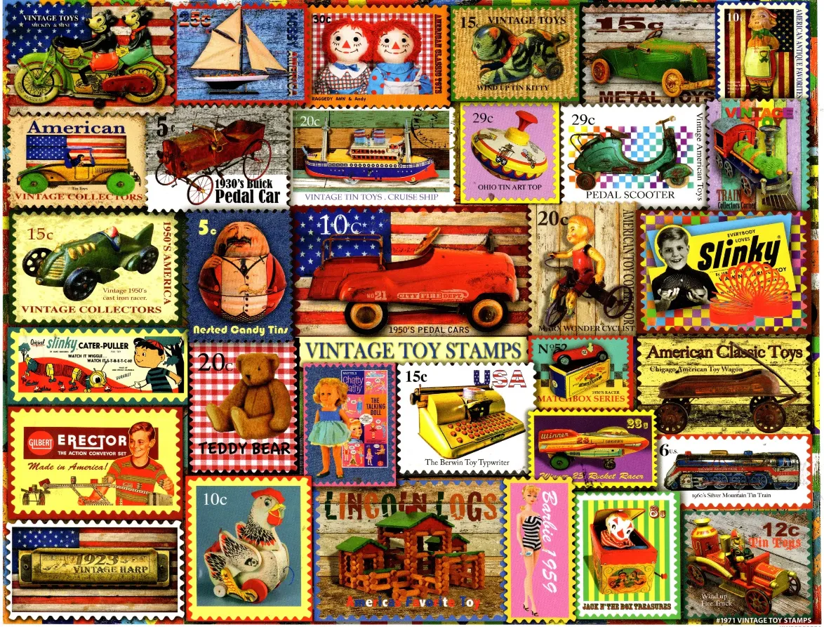 A collage of vintage toy postage stamps arranged in a grid pattern.