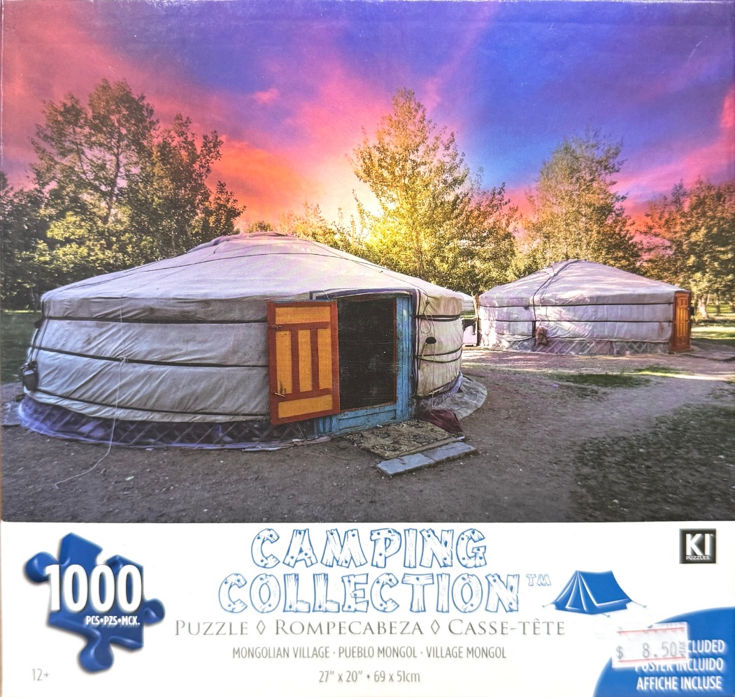 Two traditional Mongolian yurts sit in a forest clearing under a vibrant sunset sky.