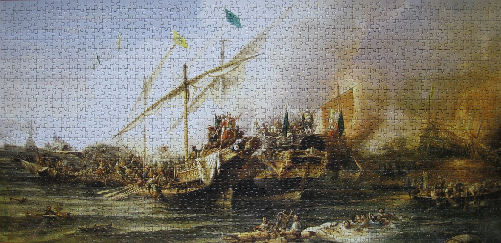 An oil painting depicts a naval battle scene with a prominent galley ship and soldiers in the foreground.