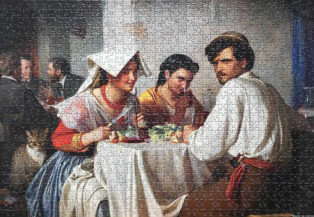 A detailed 19th-century genre painting of a man and two women eating at a table, with a cat watching from the side.