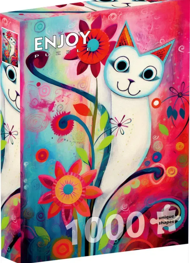 Whimsical stylized painting of a white cat amongst bright, colorful flowers on a vibrant background.