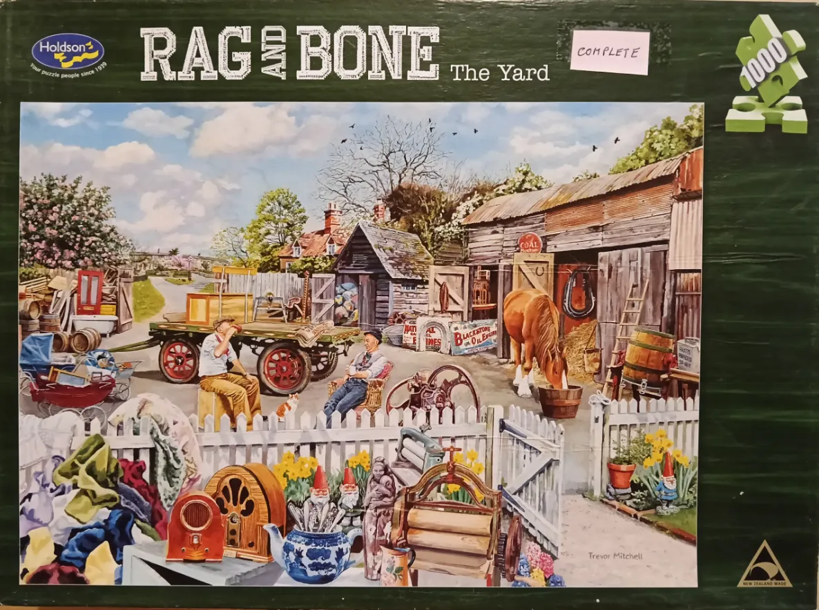 An illustration of two men relaxing in a junk yard filled with antique items and a horse.