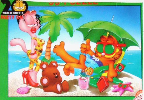 Garfield lounging on a beach with a pink cat, a teddy bear, and a drink under a green umbrella.