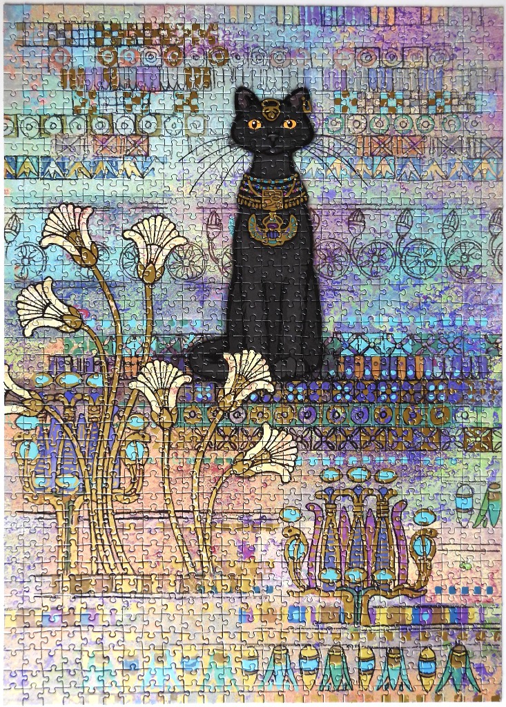 An Egyptian-style black cat sitting amidst papyrus flowers on a patterned, colorful background.