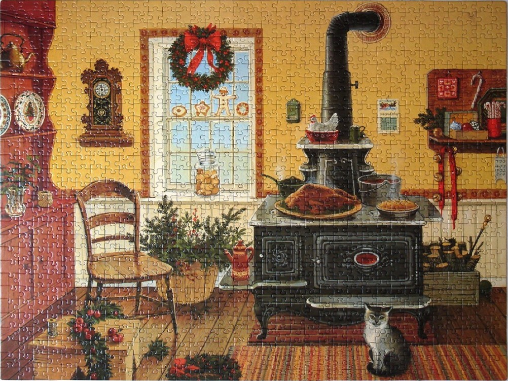 A cozy, warm-toned kitchen scene featuring a vintage wood stove, a cat, and Christmas decorations.