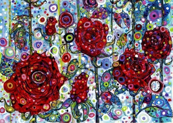 Stylized painting of deep red roses against a whimsical, bubbly blue background.