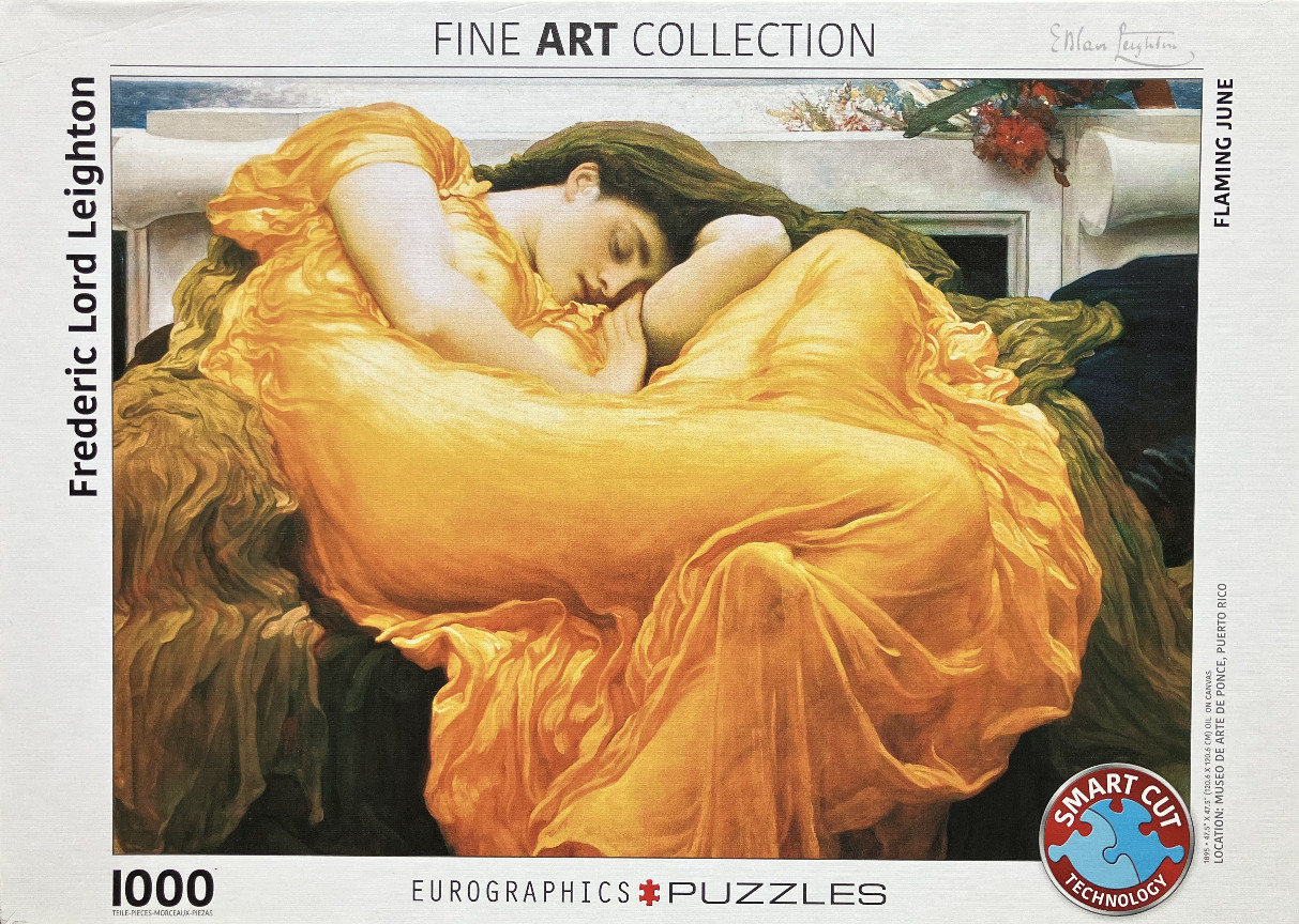 A painting of a woman with long dark hair curled up asleep, wearing a bright orange flowing dress.
