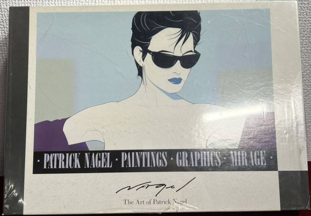 A minimalist 1980s-style illustration of a woman with dark hair, sunglasses, and blue lipstick against a pale blue background