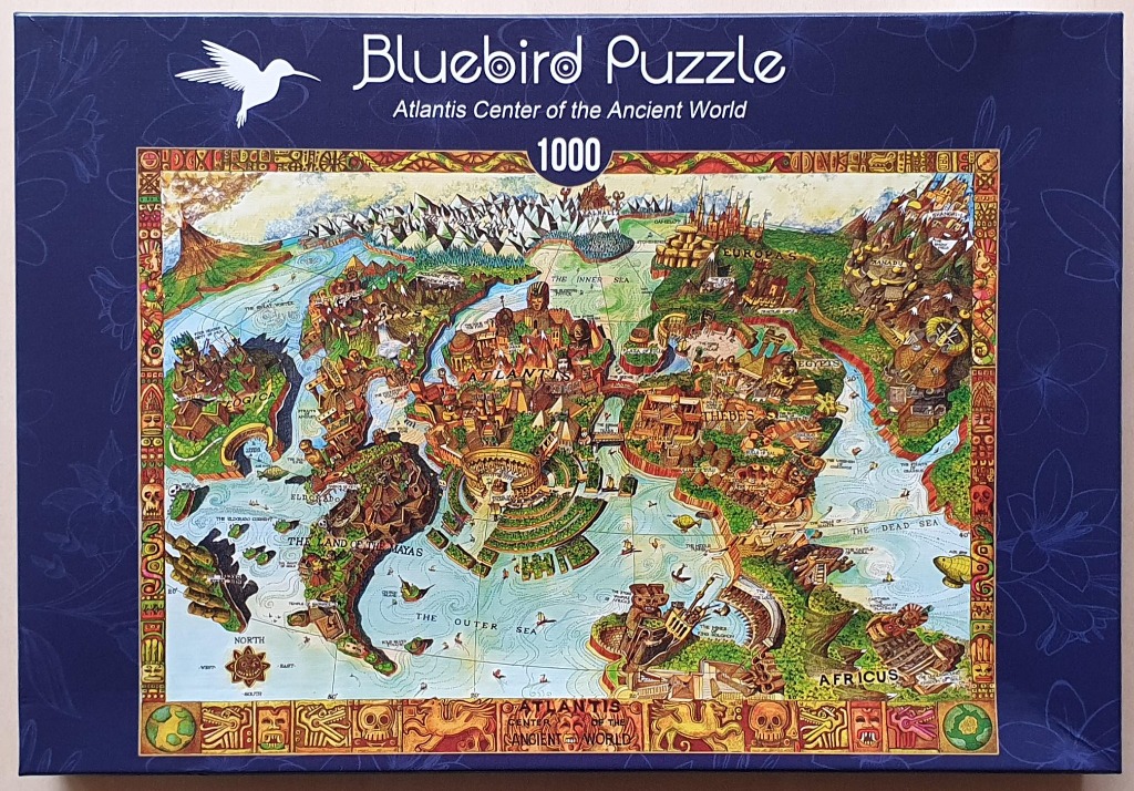 A whimsical, illustrated map of the mythical continent of Atlantis, surrounded by ancient world regions and symbols.