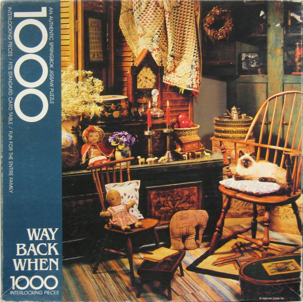 A cozy, rustic room interior featuring antique wooden furniture, vintage toys, and a Siamese cat sitting on a chair.