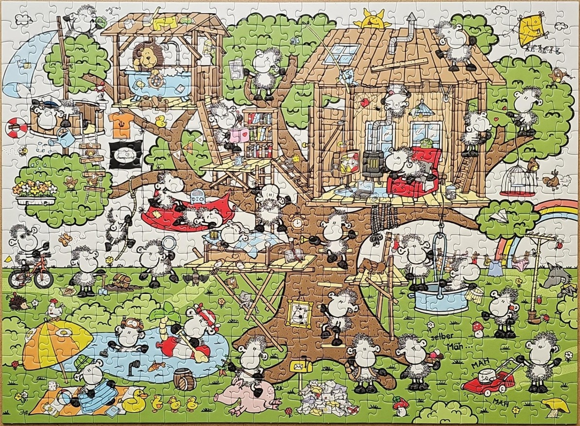 Cartoon illustration of a busy treehouse community filled with anthropomorphic sheep engaged in various activities.