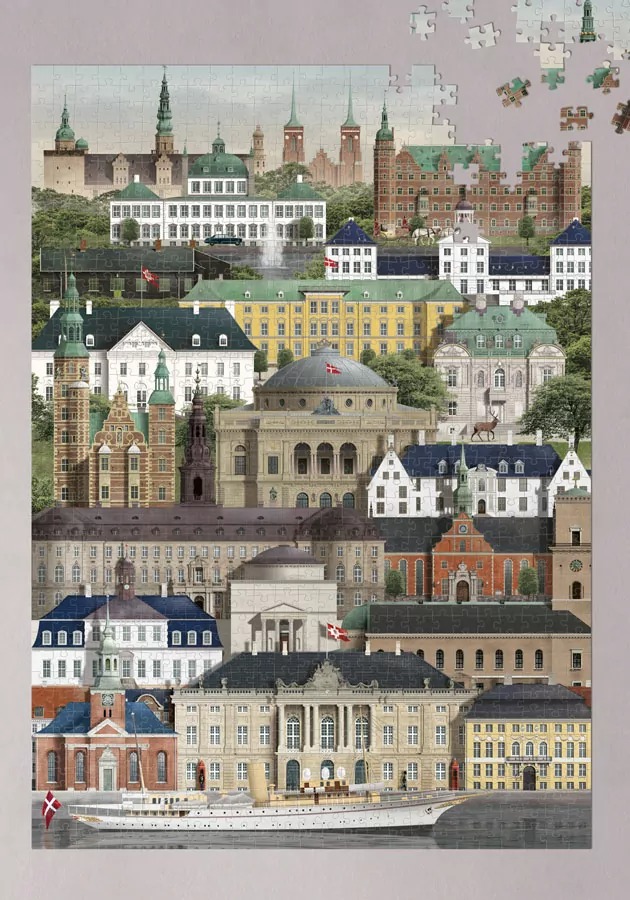 A montage of historic Danish castles, palaces, and royal buildings with a yacht in the foreground.
