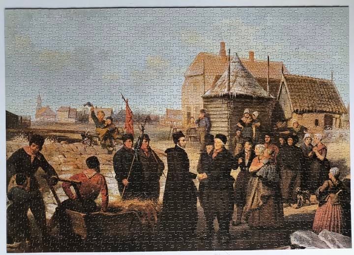 A 19th-century genre painting of a village gathering in winter featuring a man in a black coat greeting another man.
