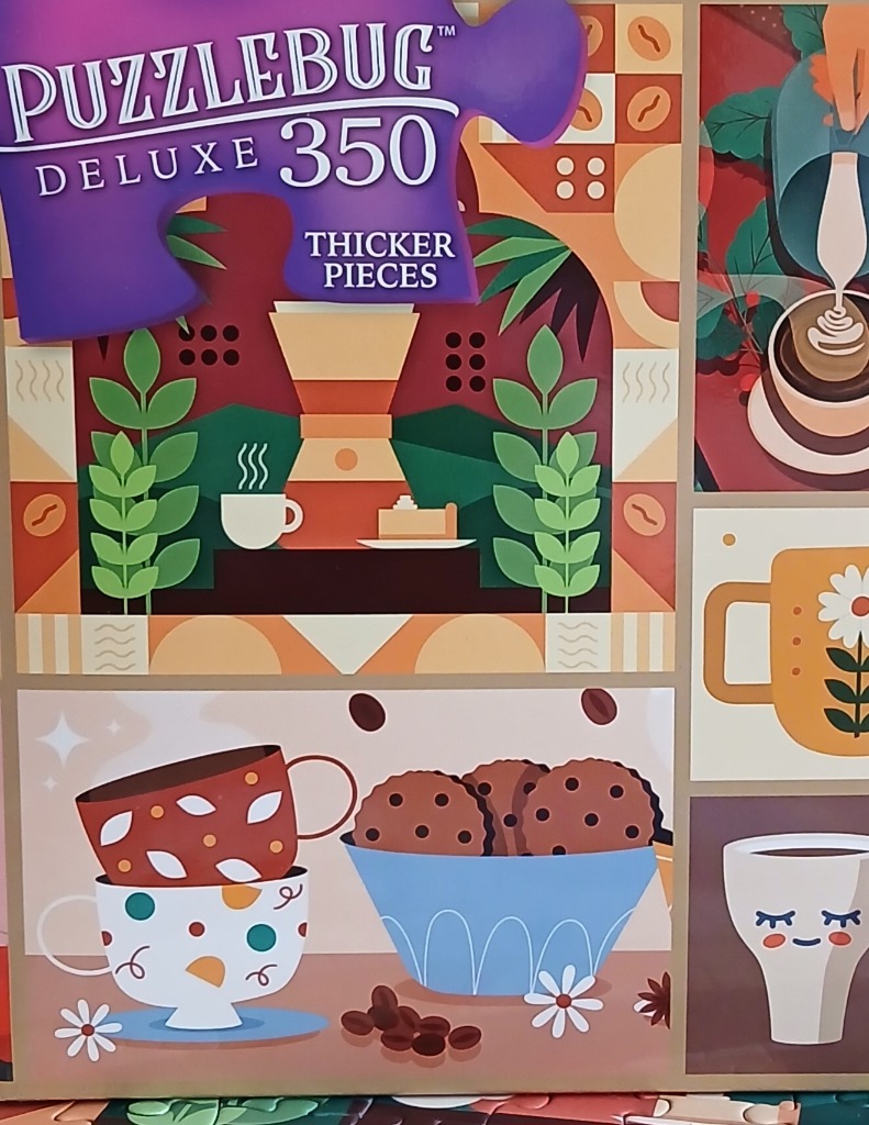 A collage of stylized coffee-themed illustrations featuring cups, cookies, and coffee-making equipment.