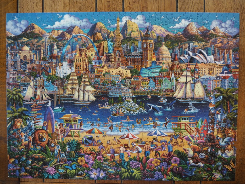 A whimsical illustration of a world map collage featuring global landmarks, tropical beaches, and diverse wildlife.