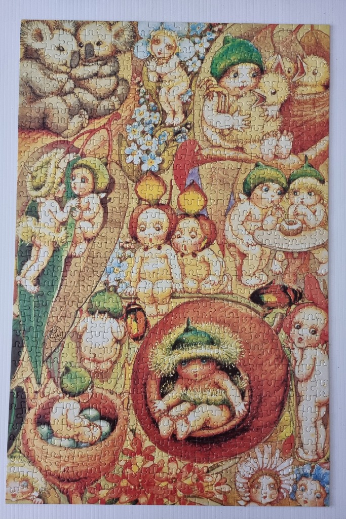Vintage-style illustration of whimsical gumnut babies and koalas in a bushland setting.