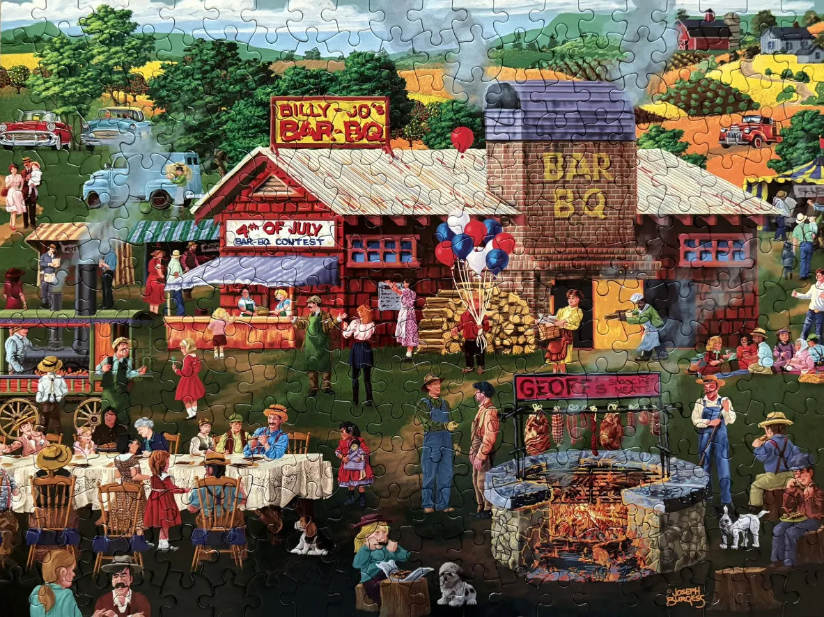 A lively outdoor 4th of July barbecue scene with people, food, and festive decorations in a rural setting.