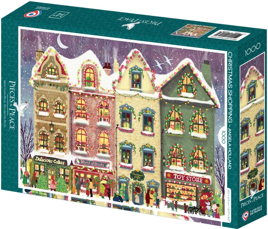 Illustration of a charming row of European-style shops covered in snow at night during the Christmas season.