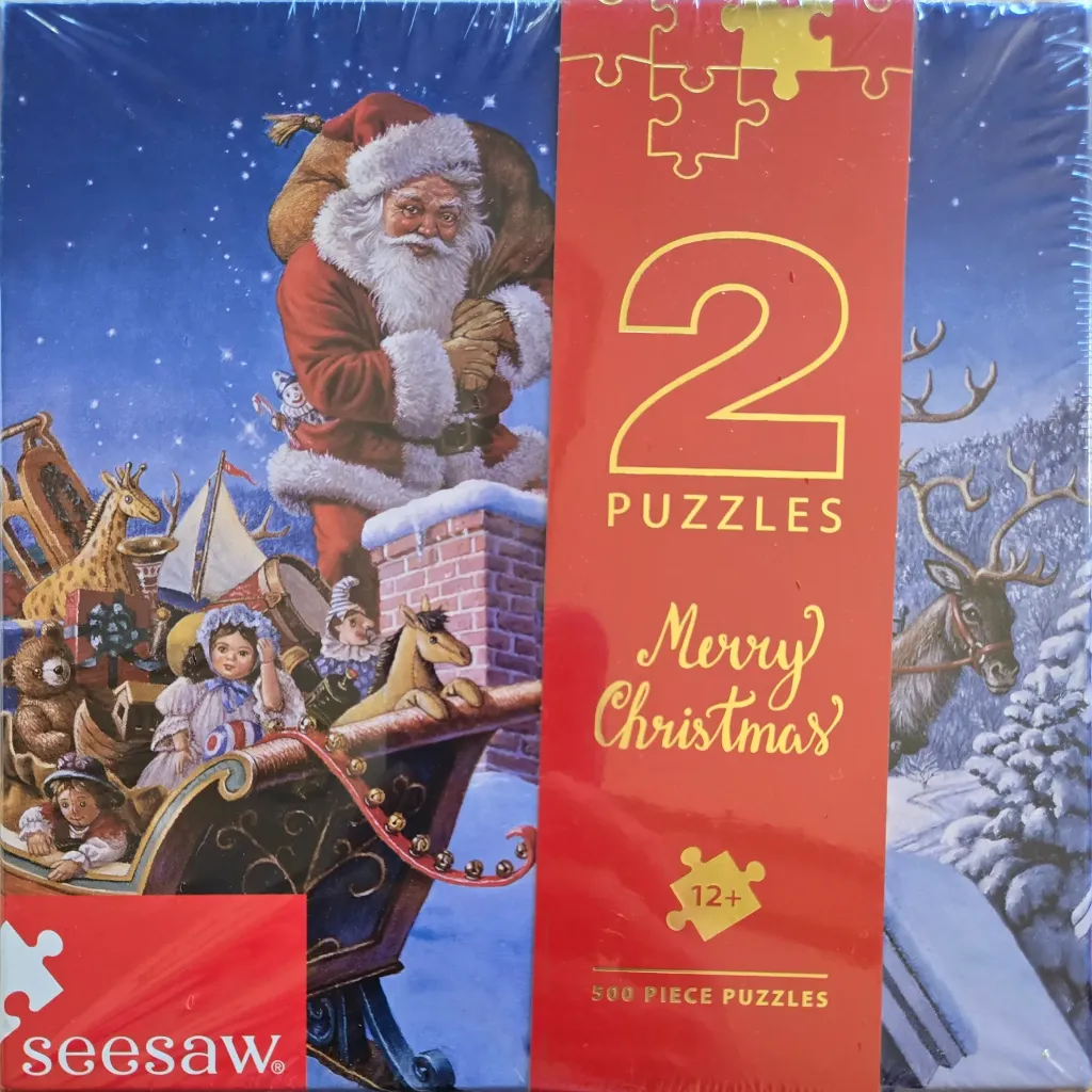 Santa Claus standing on a chimney with a gift-filled sleigh and a reindeer in a snowy landscape.