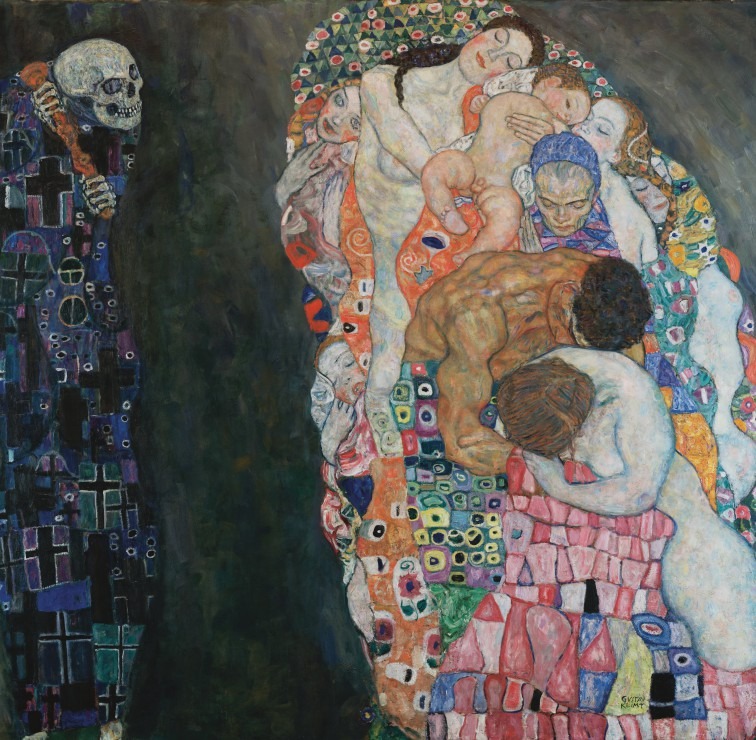 A personified skeleton stands to the left of a cluster of human figures representing different life stages.