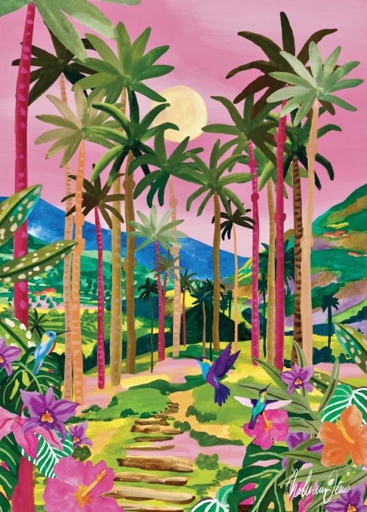 Stylized tropical landscape with palm trees, hummingbirds, and vibrant flowers under a pink sky.