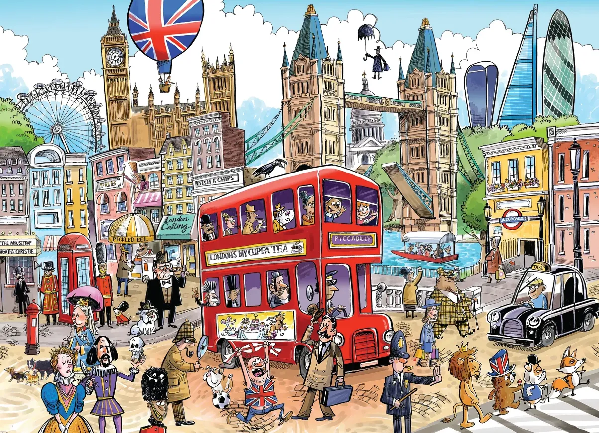 A cartoon illustration of iconic London landmarks and diverse characters, including a red bus and a black taxi.