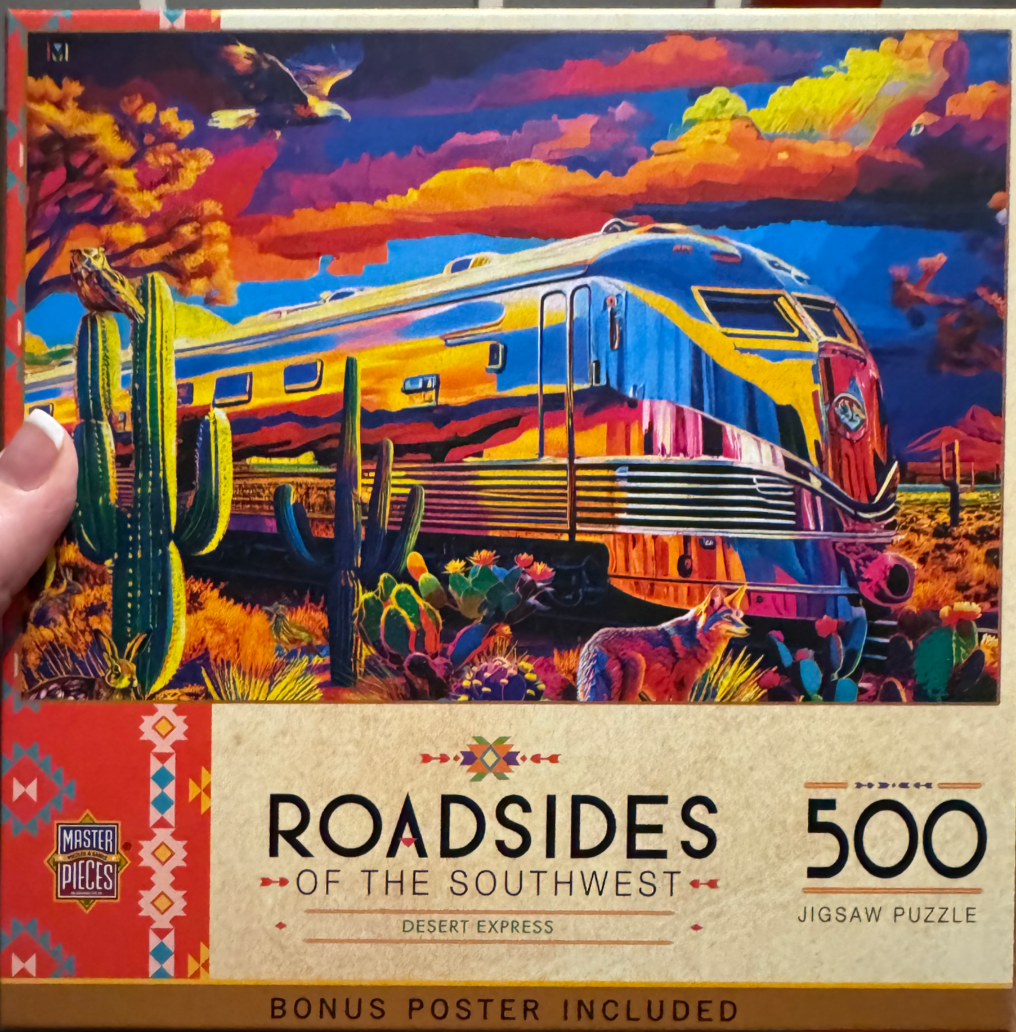 A vibrant digital painting of a streamlined train traveling through a southwestern desert at sunset.