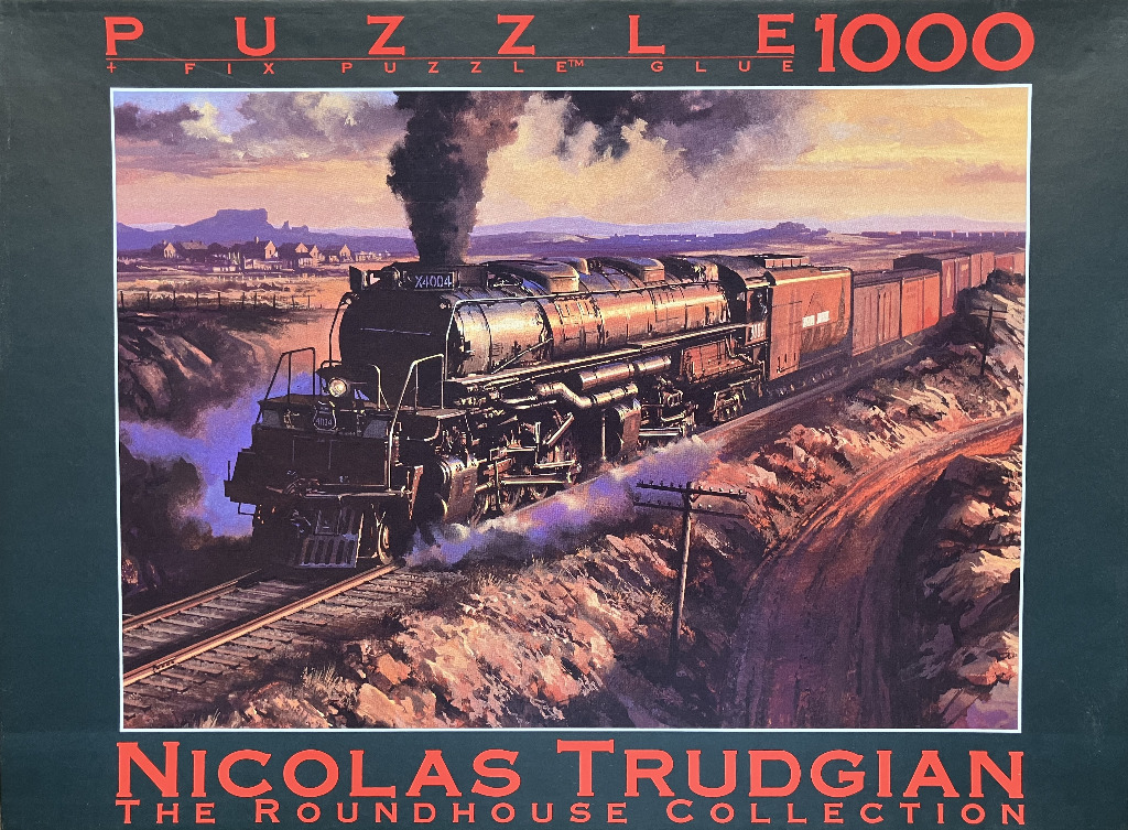 A detailed painting of a large steam locomotive pulling freight cars through a dusty, sunlit landscape.