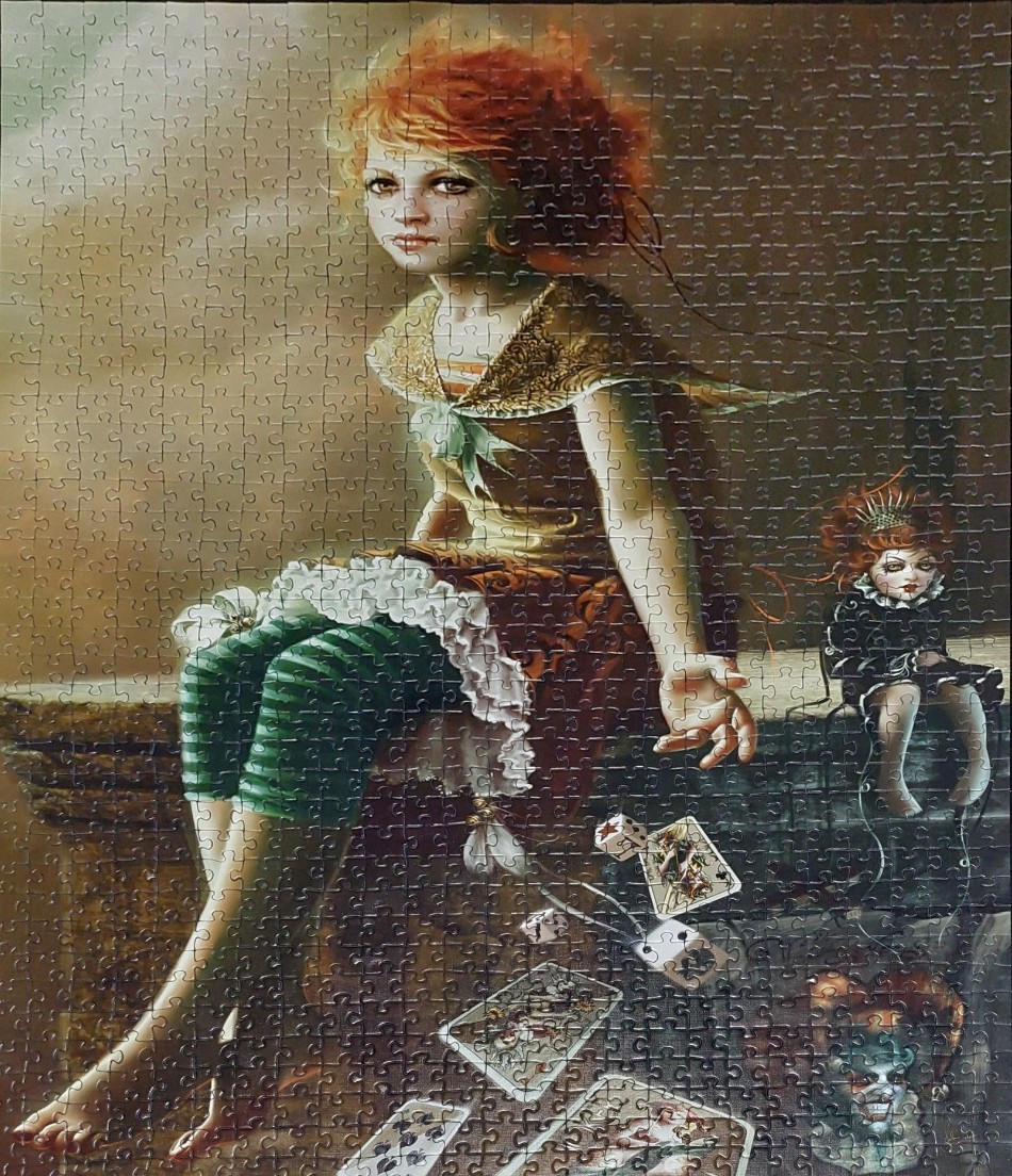 Digital art portrait of a red-haired girl sitting on a ledge with a doll and playing cards