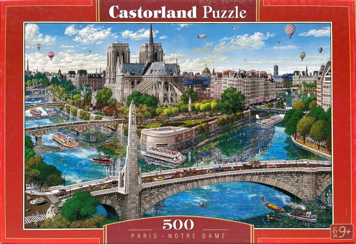 An illustration of the Notre Dame cathedral and the Seine River in Paris with multiple bridges and hot air balloons.