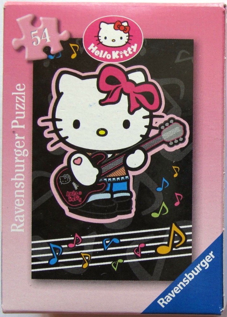 Hello Kitty playing a black electric guitar against a black background with musical notes and staff lines.
