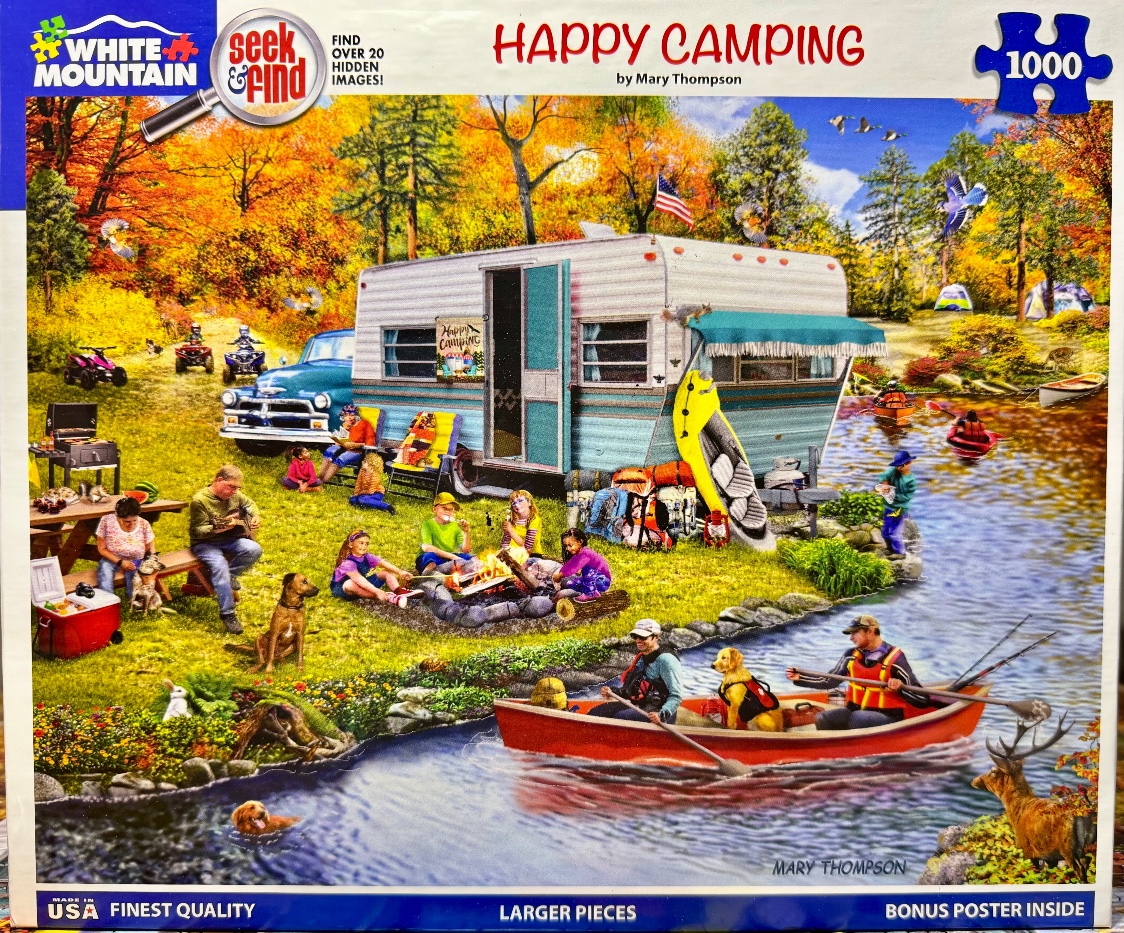 A detailed illustration of a family camping scene with a vintage trailer, campfire, and lake during autumn.