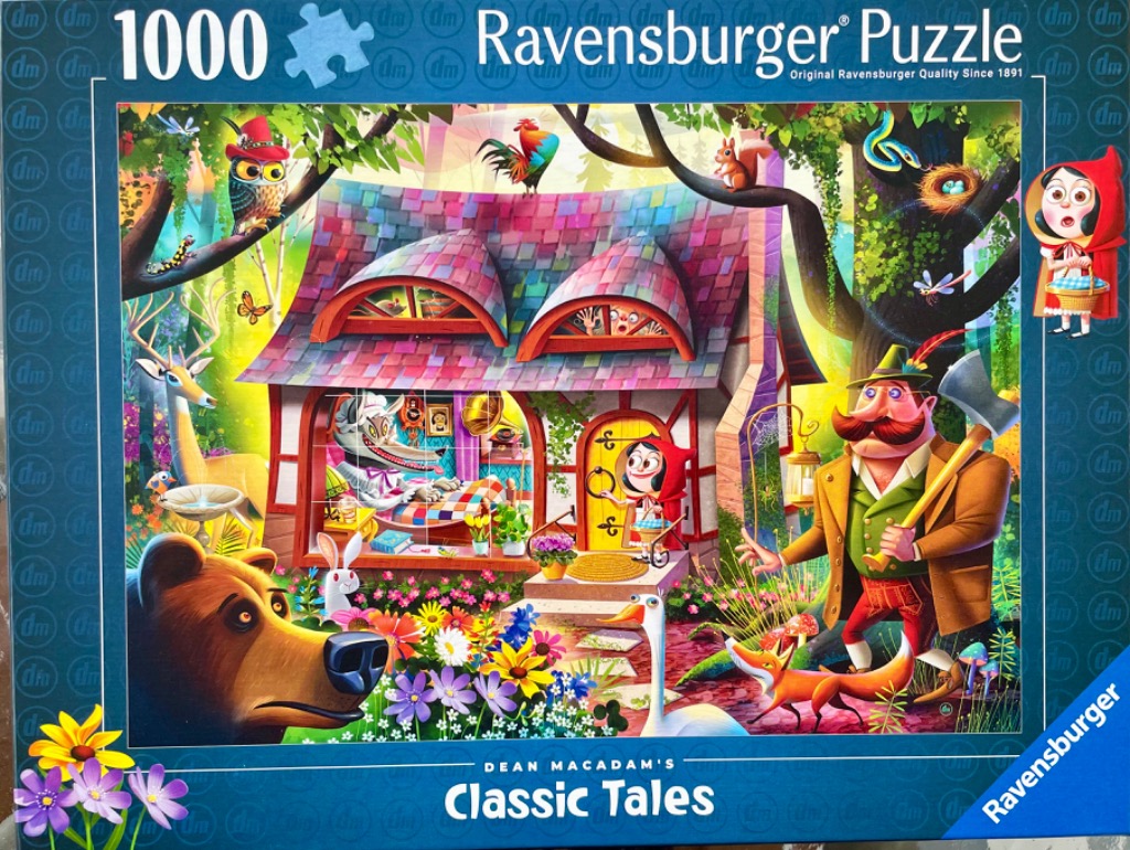 Whimsical, colorful cartoon illustration of fairy tale characters including Little Red Riding Hood and a wolf in bed.
