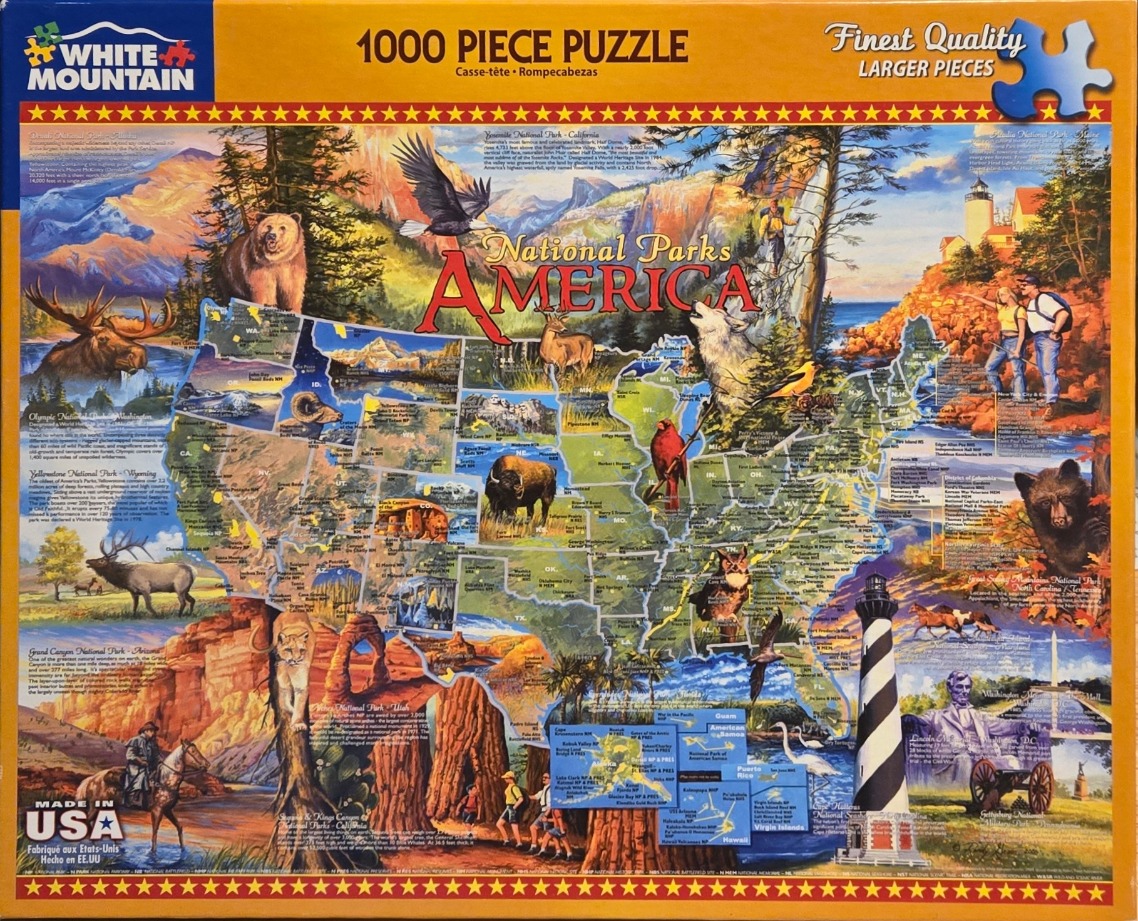 A colorful map of the United States featuring illustrative vignettes of national parks and American wildlife.