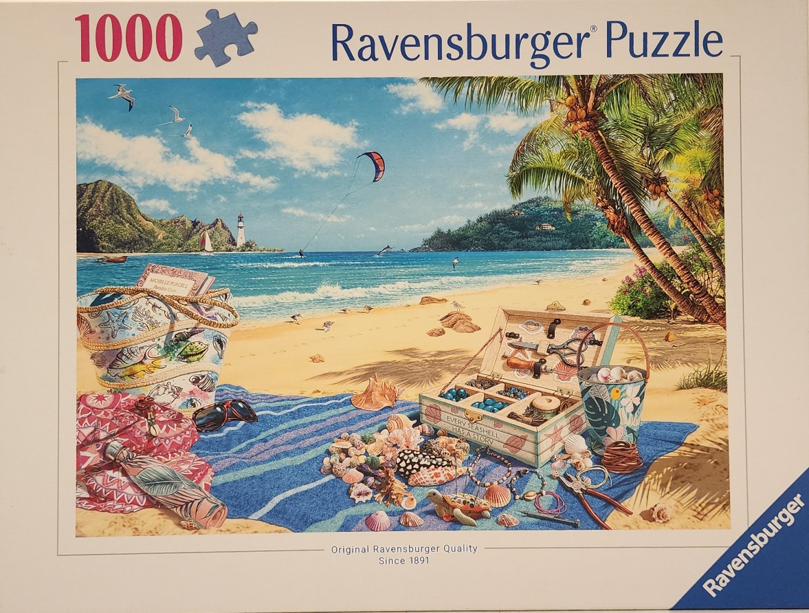 A tropical beach scene with a picnic blanket, seashells, and tools spread out on the sand.