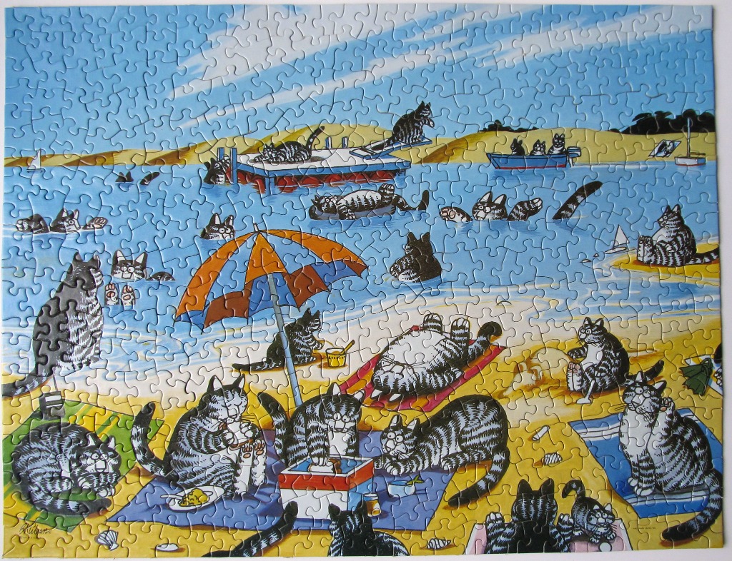 Cartoon illustration of many tabby cats enjoying a sunny day at a beach.