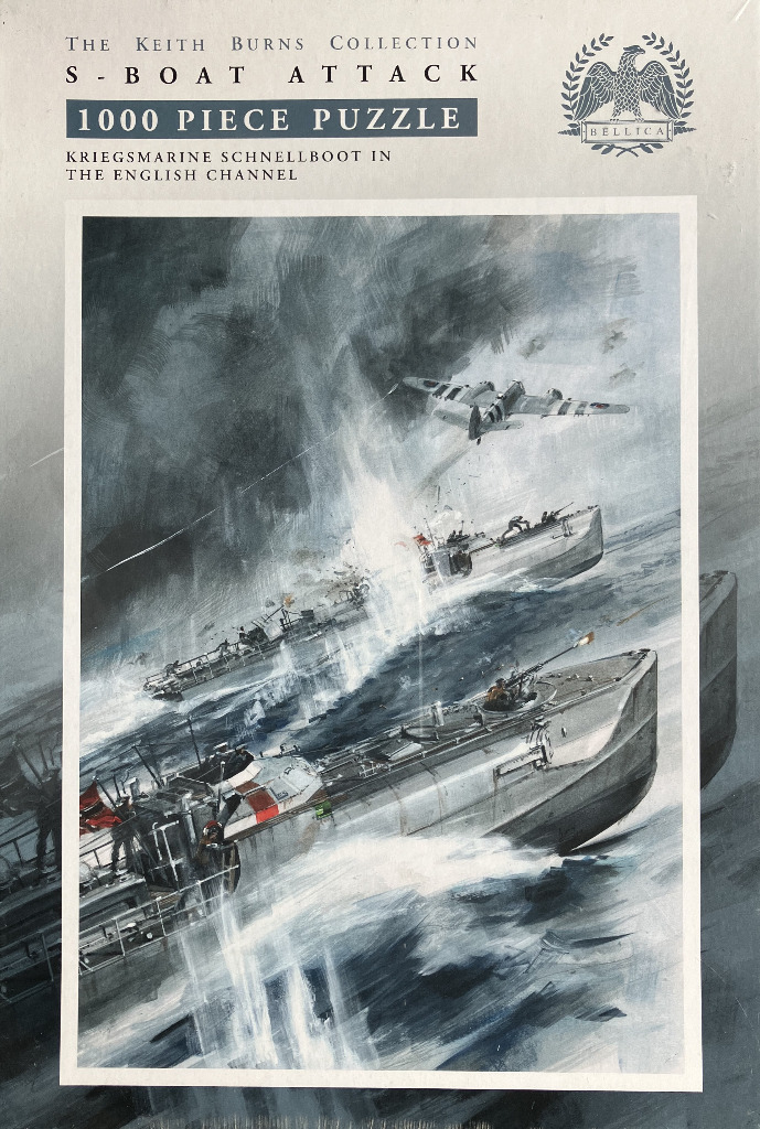 An illustration of German E-boats in the English Channel under attack by an aircraft in a stormy, monochromatic sea.
