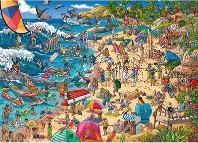A bustling, cartoon-style beach scene filled with many people participating in various seaside activities.