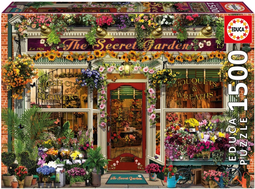An illustration of a charming flower shop storefront named The Secret Garden, surrounded by lush potted plants and flowers.