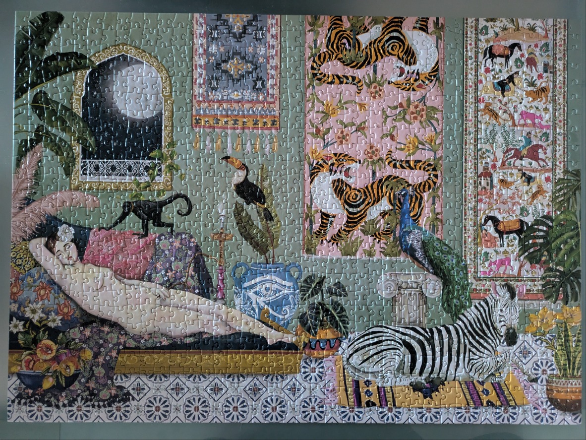 An ornate illustration of a woman reclining on a chaise lounge surrounded by exotic animals and interior patterns.