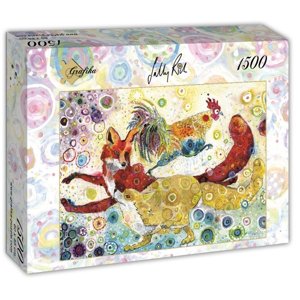 Whimsical watercolor painting of a red fox, a rooster, and a hare in a field of colorful abstract circles.